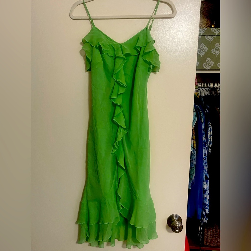 Vintage Green Express Silk Slip Dress with Ruffles
